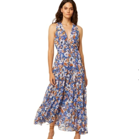 MISA Dominika Maxi Dress XS  Blue Pansy Floral Flowy Plunging Neckline Feminine - Picture 16 of 16